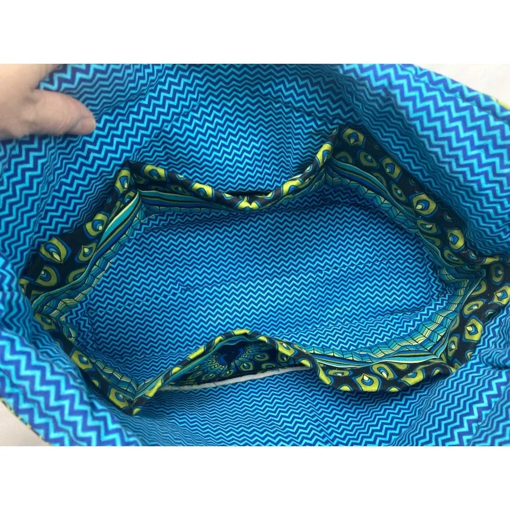 Handmade Peacock-Pattern Quilted Tote Bag – Blue/Green‎ Fabric – 13" x 5" x 10" - Picture 4 of 11